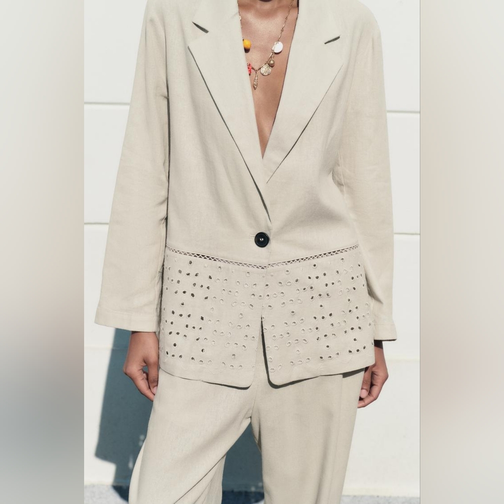 ZARA LINEN BLEND EMBROIDERED EYELET BLAZER